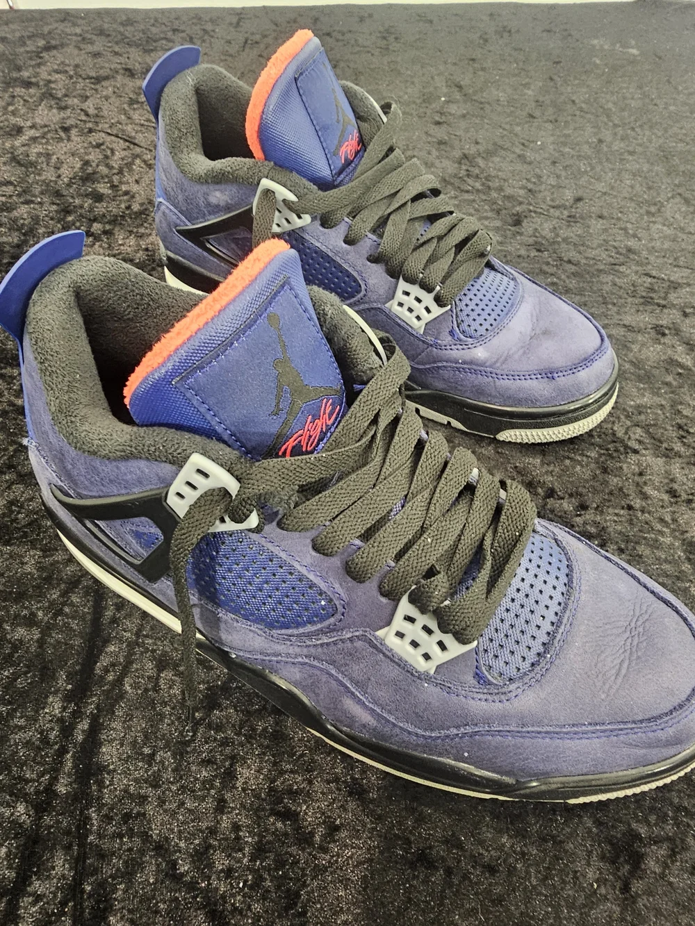 Jordan Men's Purple Suede Basketball Sneakers with Black Laces and Orange Trim - Picture 1 of 9